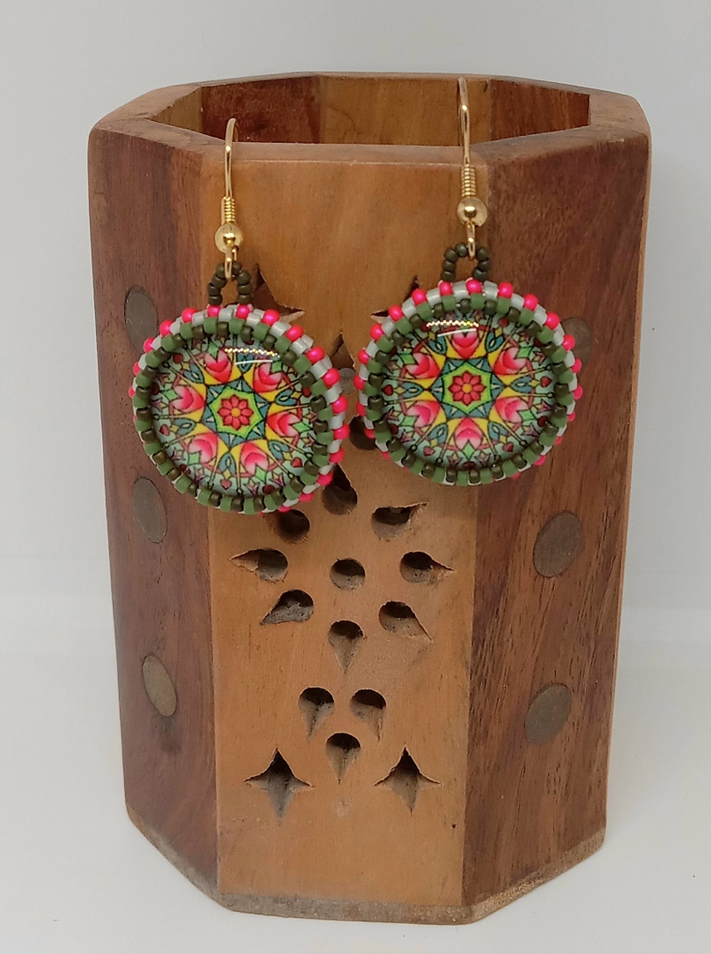 Floral mandala picture cab earrings