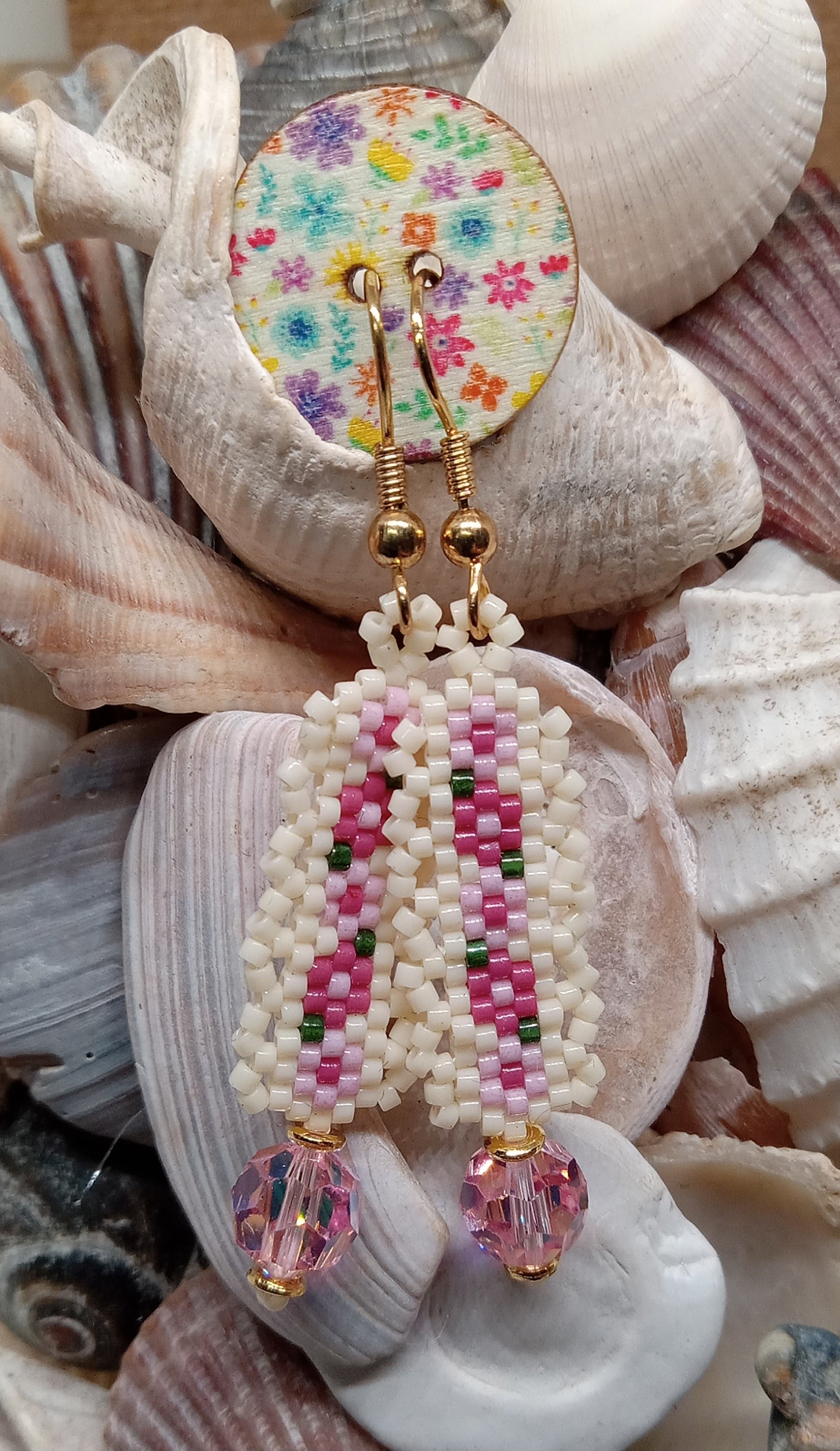 Beaded pink, gold, white fringe shops earrings