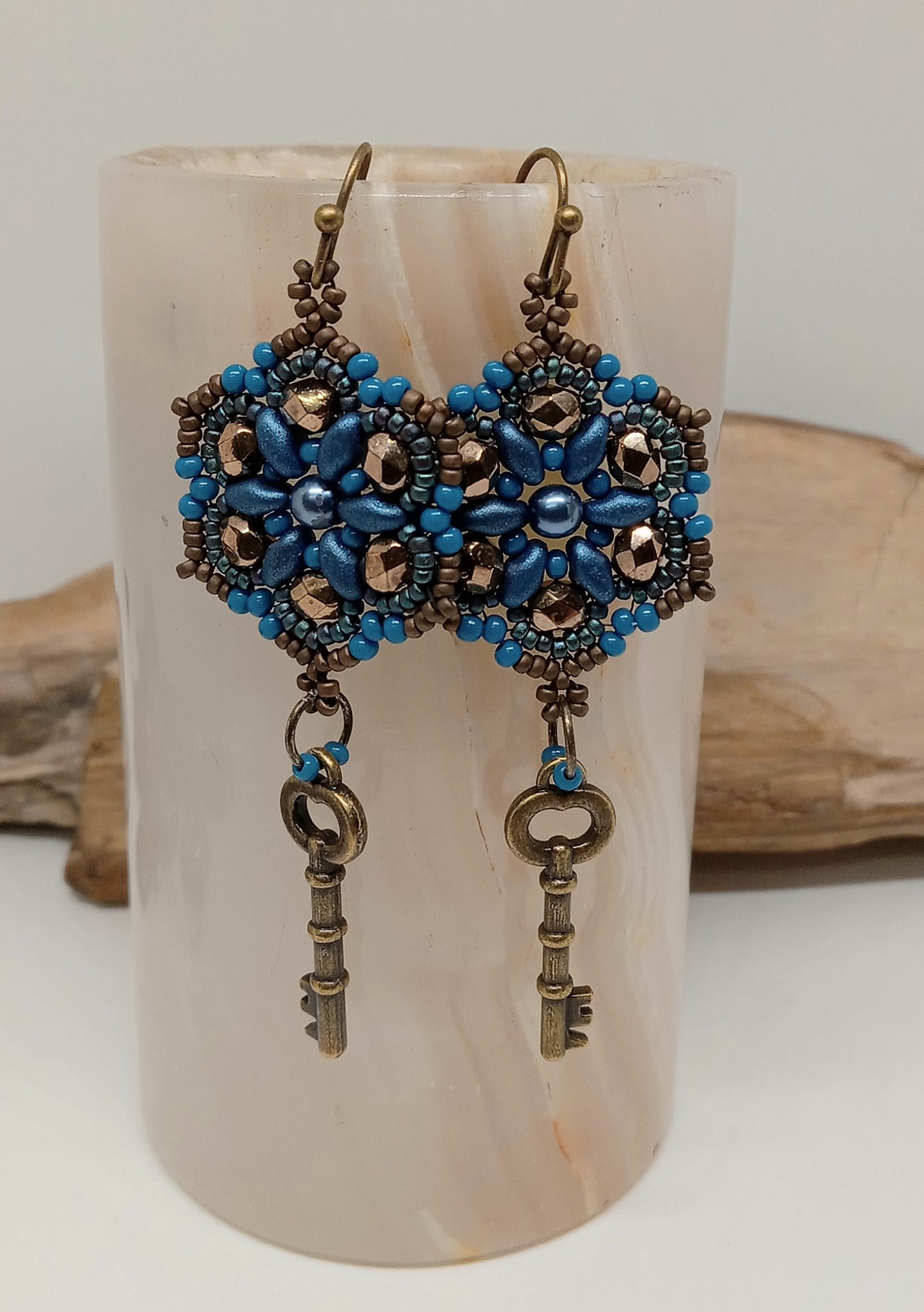 Mandala Czech bead earrings w/brass skeleton key charm