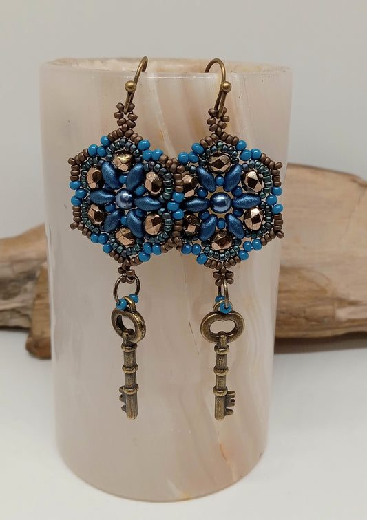 Mandala Czech bead earrings w/brass skeleton key charm