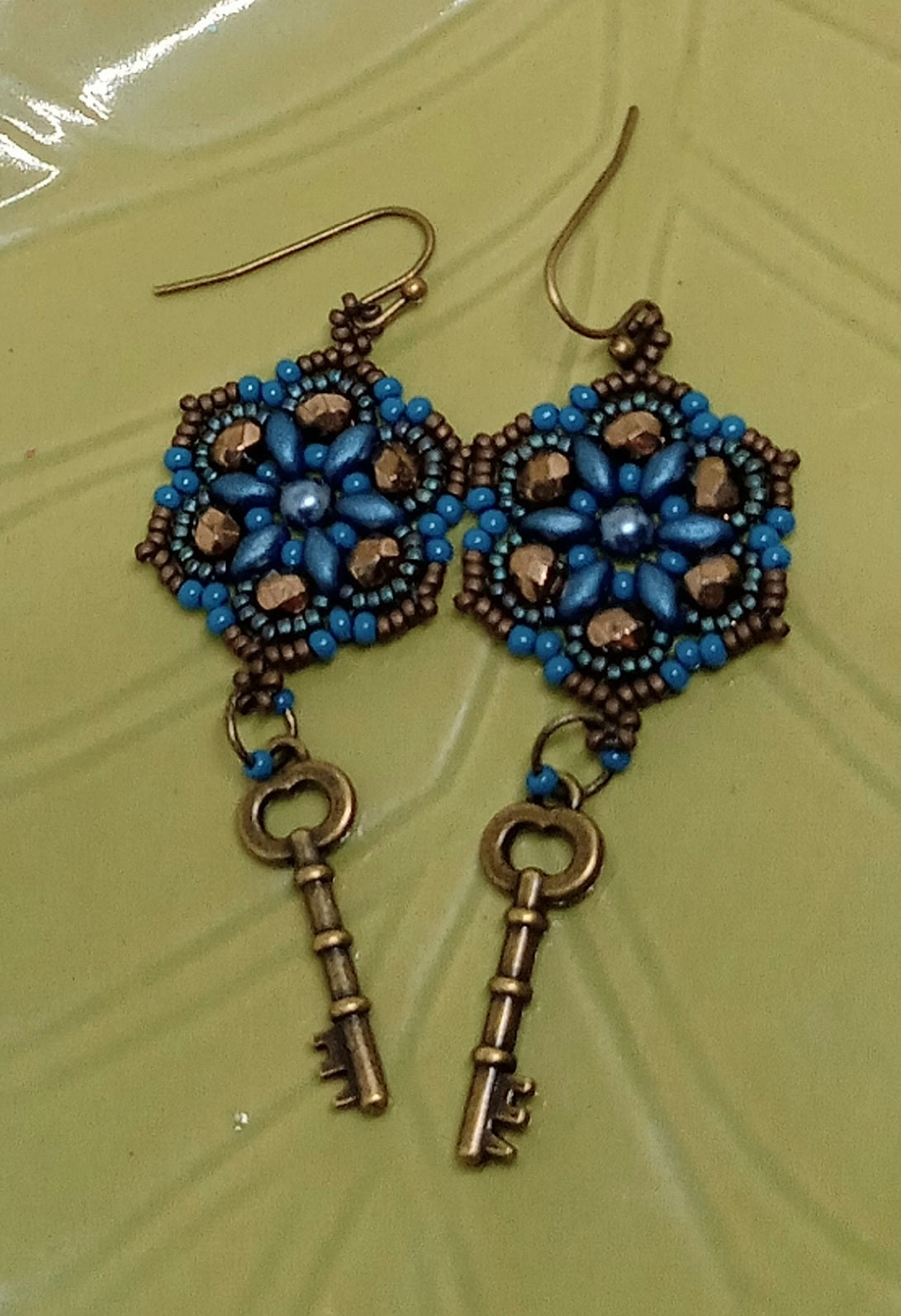 Mandala Czech bead earrings w/brass skeleton key charm