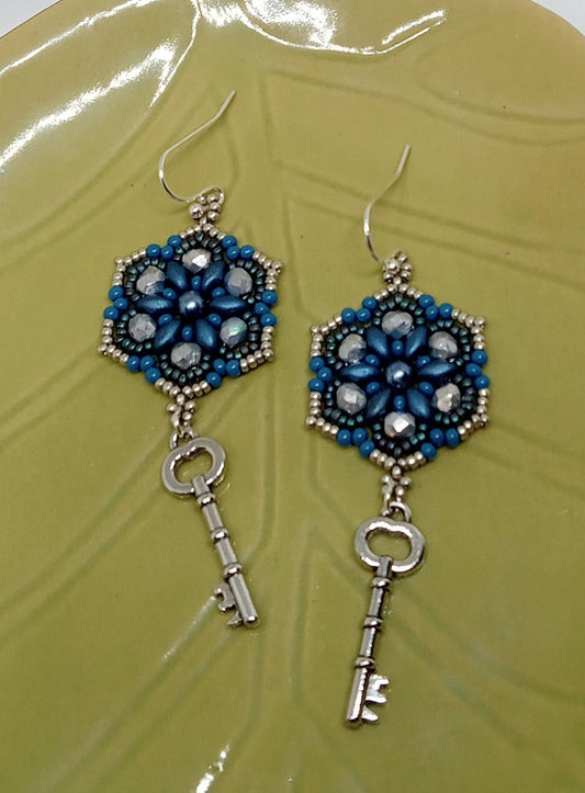 Mandala Czech bead earrings w/silver colored skeleton key charm