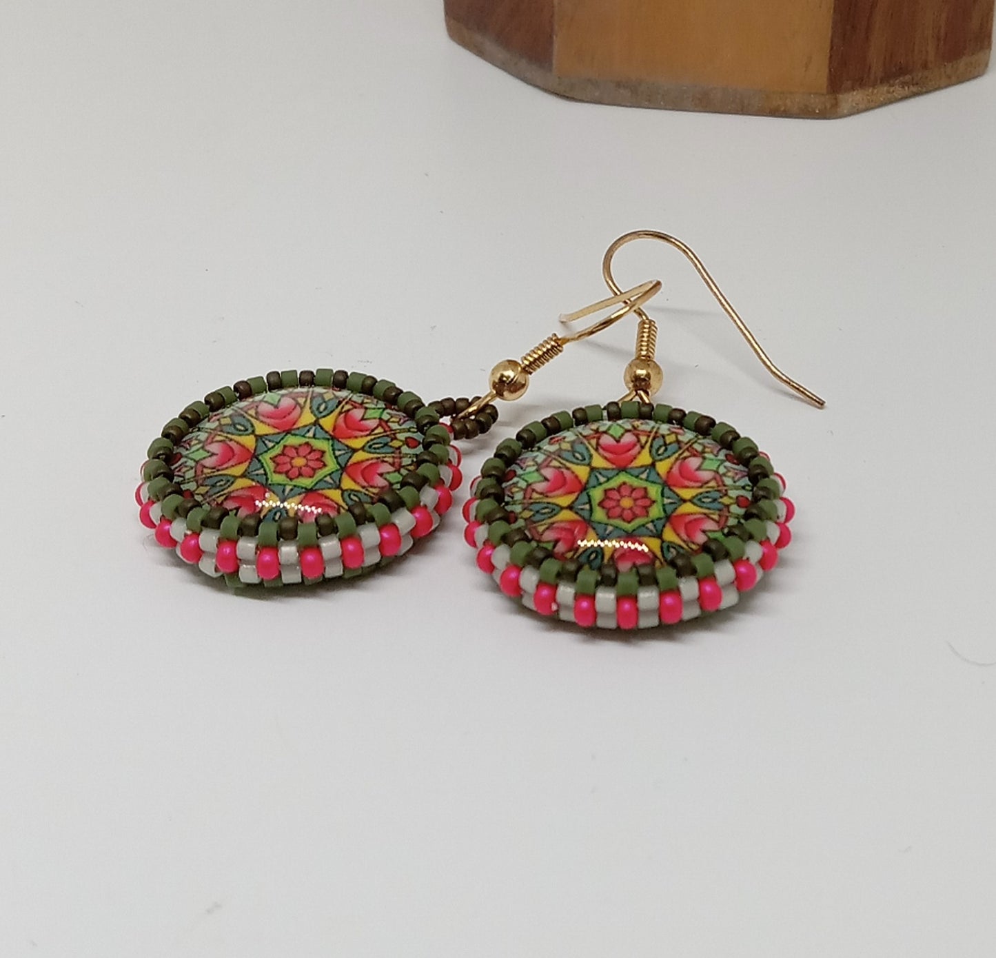 Floral mandala picture cab earrings