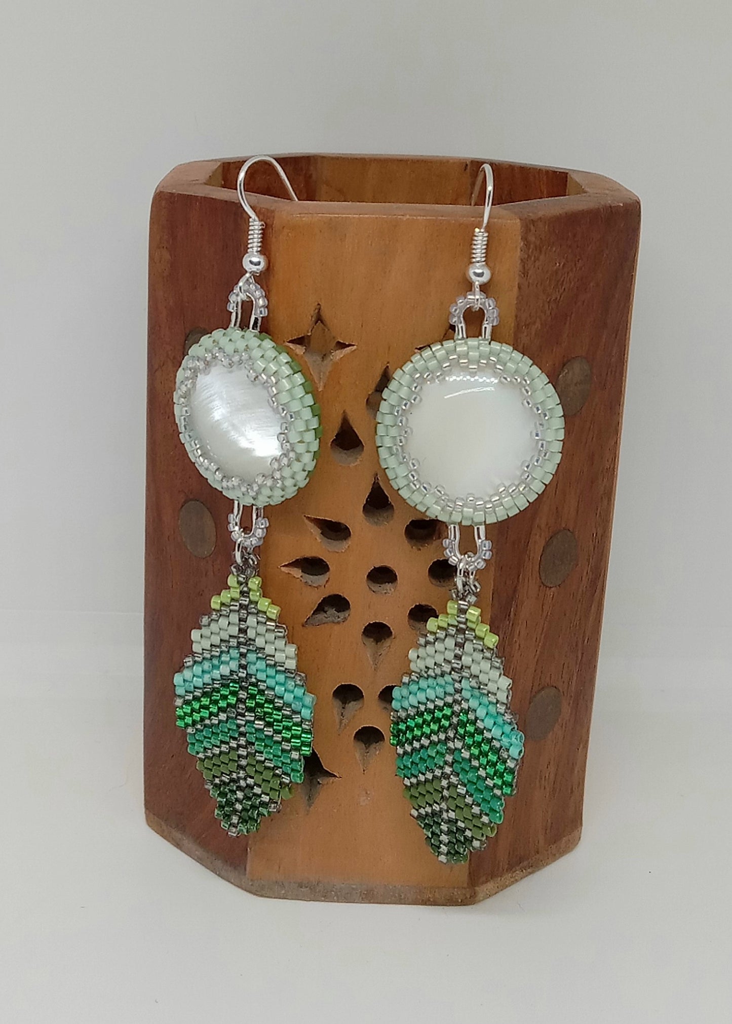 Mother of Pearl and leaves of green earrings